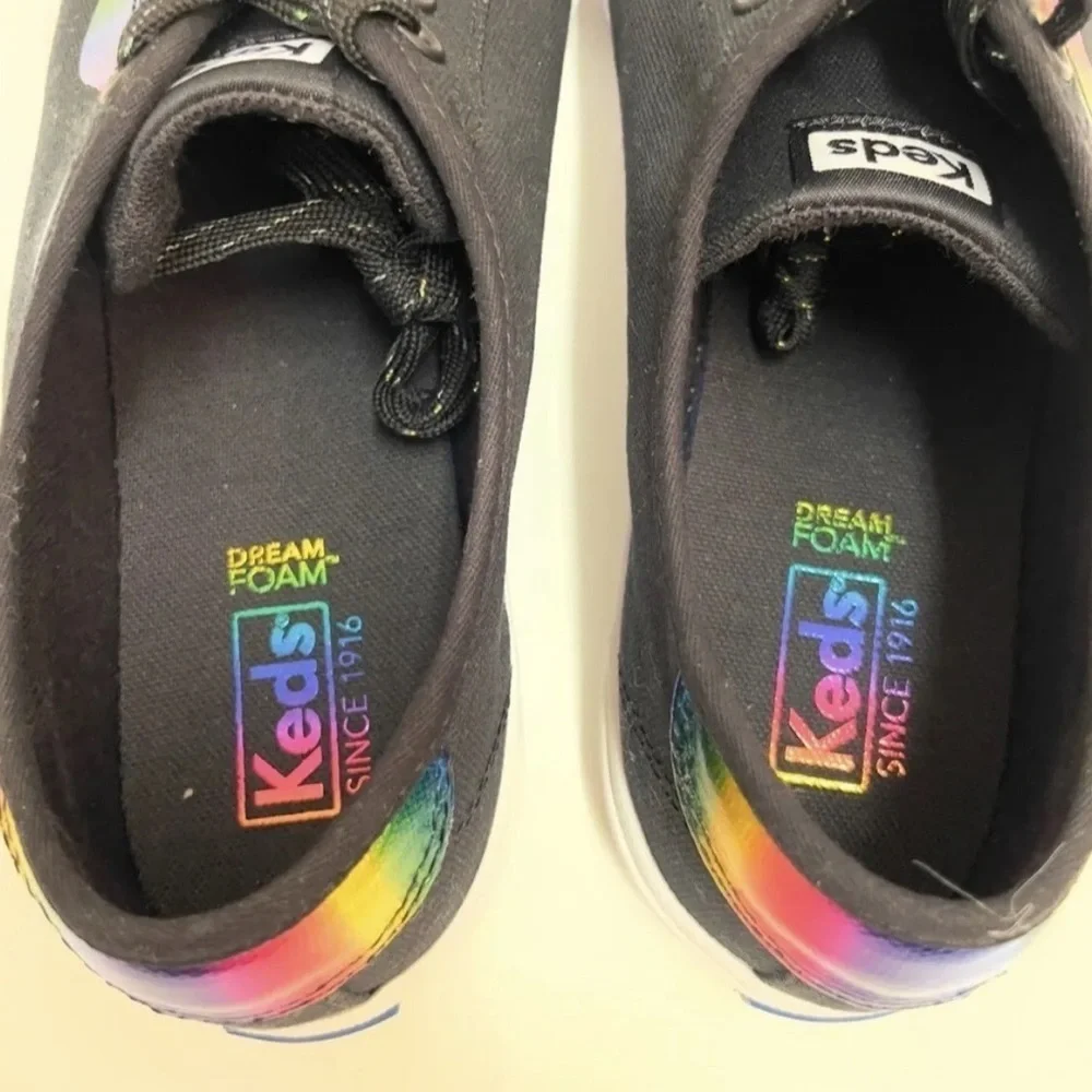 NEW Keds Black Crew Kick Holo Rainbow Wave Lace Up Platform Sneakers